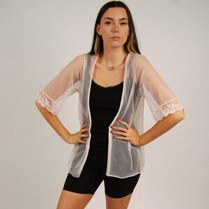 70s Sheer Cardigan (S) small pink vintage see through open front house robe cute